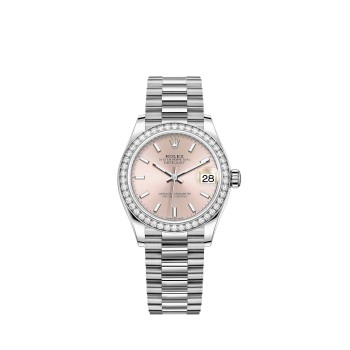 Rolex Datejust 31 President com pulseira em ouro branco e mostrador rosa.