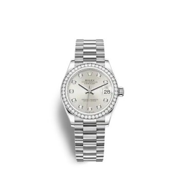Rolex Datejust 31 President com pulseira em ouro branco e mostrador prateado.