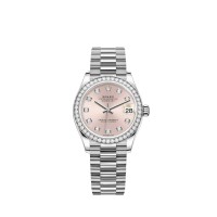 Rolex Datejust 31 President com pulseira em ouro branco e mostrador rosa.
