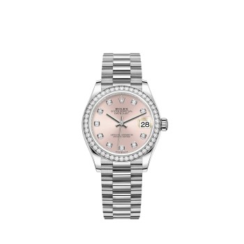 Rolex Datejust 31 President com pulseira em ouro branco e mostrador rosa.