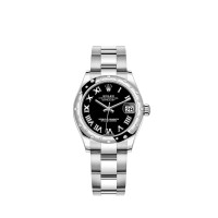 Rolex Datejust 31 em Rolesor branco com mostrador preto e pulseira Oyster.