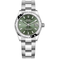 Rolex Datejust 31 em Rolesor branco com mostrador verde menta e pulseira Oyster.