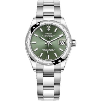 Rolex Datejust 31 em Rolesor branco com mostrador verde menta e pulseira Oyster.