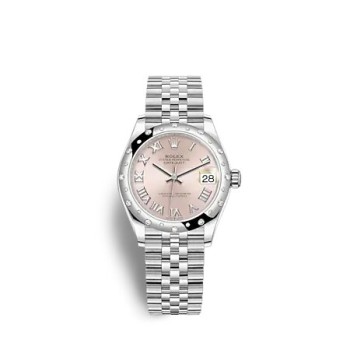 Rolex Datejust 31 com mostrador rosa em Rolesor e pulseira Jubilee.