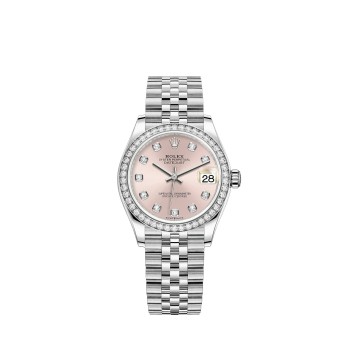 Rolex Datejust 31 com bracelete Jubilee em Rolesor branco e mostrador cravejado de diamantes rosa.