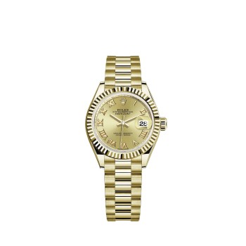 Pulseira Rolex Lady-Datejust President com mostrador em ouro amarelo 18 quilates e cor champanhe.