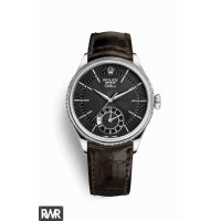Réplica do relógio Rolex Cellini Dual Time 18 quilates ouro branco 50529 mostrador preto guilhoché