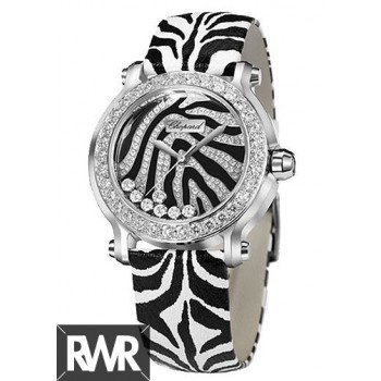 Réplica relogio Chopard Happy Sport Zebra Special Edition em aço com moldura de diamante em ouro branco