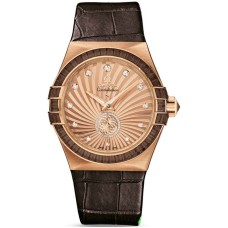 Cópia Omega Constellation Cronômetro Automático de Pequenos Segundos 35mm Edição Limitada Rosa Ouro Diamante Mostrador Pulseira de Couro Marrom Relógio Feminino 123.58.35.20.99.001