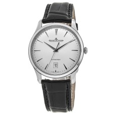 Relógio masculino Jaeger LeCoultre Master falso ultrafino com mostrador prateado e pulseira de couro preto 1238420