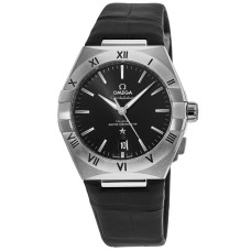 Cópia Omega Constellation Co-Axial Master Chronometer Mostrador Preto Pulseira de Couro Preto Relógio Masculino 131.13.39.20.01.001