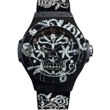 Cópia Hublot Big Bang Broderie Mostrador Preto Pulseira de Borracha Preta Relógio Unissex 343.CS.6570.NR.BSK16