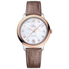 Cópia Omega De Ville Prestige Co-Axial Master Chronometer 34mm Madrepérola Diamante Mostrador Pulseira de couro Relógio feminino 434.23.34.20.55.001