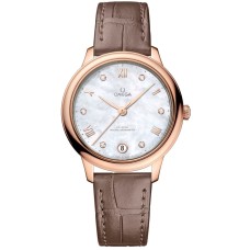 Cópia Omega De Ville Prestige Co-Axial Master Chronometer 34 mm Madrepérola Diamante Mostrador Pulseira de couro em ouro rosa 18k Relógio feminino 434.53.34.20.55.001