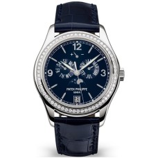 Cópia Patek Philippe Calendário Anual Fase da Lua Mostrador Azul Pulseira de Couro Diamante Relógio Masculino 5147G-001