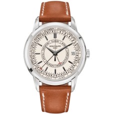 Cópia Patek Philippe Calatrava Calendário Semanal Relógio Masculino com Pulseira de Couro com Mostrador Prateado 5212A-001