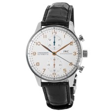 Cópia IWC Portugieser Cronógrafo Automático Mostrador Prateado Marcadores de Ouro Pulseira de Couro Relógio Masculino IW371604