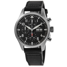 Relógio masculino com pulseira de couro com mostrador preto e cronógrafo falso do piloto IWC IW378001