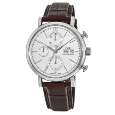 Cópia IWC Portofino cronógrafo mostrador prateado pulseira de couro marrom relógio masculino IW391027