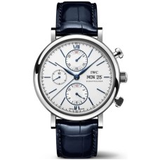 Réplica IWC Portofino cronógrafo com mostrador prateado e pulseira de couro relógio masculino IW391037