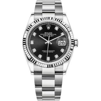 Rolex Datejust 36 falso em aço e amp; Relógio feminino em ouro branco com mostrador de diamante preto M126234-0028
