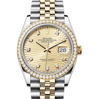 Réplica Rolex Datejust 36 em ouro amarelo e amp; Relógio feminino com diamantes dourados com motivo canelado e mostrador de diamante M126283RBR-0031