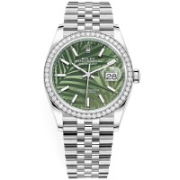 Réplica Rolex Datejust 36 em ouro branco e amp; Relógio feminino com mostrador diamantes verde oliva com motivo palma M126284RBR-0039