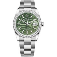 Cópia Rolex Datejust 36 em ouro branco e amp; Relógio feminino com mostrador diamantes verde oliva com motivo palma M126284RBR-0040