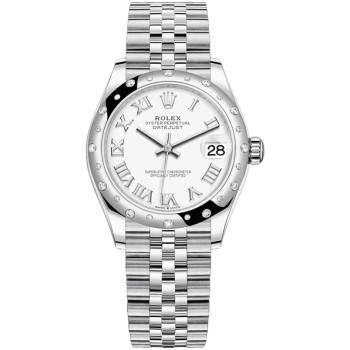 Réplica Rolex Datejust 31 em aço inoxidável e ouro branco mostrador romano branco com moldura de diamante cúpula relógio feminino M278344RBR-0012
