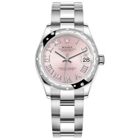Falso Rolex Datejust 31 em aço inoxidável e ouro branco rosa mostrador romano com cúpula de diamante relógio feminino M278344RBR-0021
