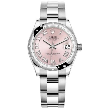 Falso Rolex Datejust 31 em aço inoxidável e ouro branco rosa mostrador romano com cúpula de diamante relógio feminino M278344RBR-0021