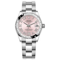 Cópia Rolex Datejust 31 em aço inoxidável e ouro branco rosa pavimentado mostrador romano com moldura de diamante cúpula relógio feminino M278344RBR-0025