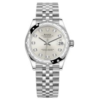 Falso Rolex Datejust 31 em aço inoxidável e ouro branco prata diamante mostrador abobadado moldura de diamante relógio feminino M278344RBR-0032