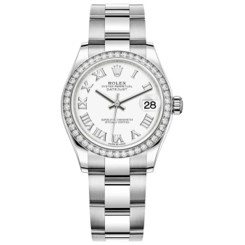Cópia Rolex Datejust 31 em aço inoxidável e ouro branco mostrador romano branco moldura de diamante relógio feminino M278384RBR-0013