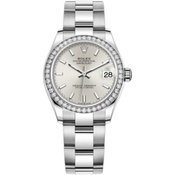 Réplica Rolex Datejust 31 em aço inoxidável e ouro branco com mostrador prateado e moldura de diamante com cúpula de relógio feminino M278384RBR-0015