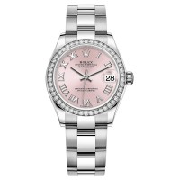 Réplica Rolex Datejust 31 em aço inoxidável e ouro branco rosa mostrador romano com moldura de diamante relógio feminino M278384RBR-0023