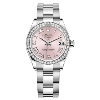 Réplica Rolex Datejust 31 em aço inoxidável e ouro branco rosa mostrador romano com moldura de diamante relógio feminino M278384RBR-0023