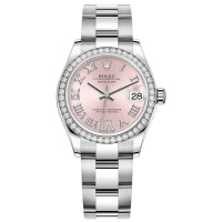 Réplica Rolex Datejust 31 em aço inoxidável e ouro branco rosa pavimentado mostrador romano moldura de diamante relógio feminino M278384RBR-0027