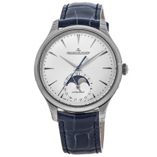 Réplica Jaeger LeCoultre Master Ultra Fina Lua Prata Mostrador Pulseira de Couro Relógio Masculino Q1248420