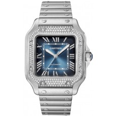 Relógio feminino falso Cartier Santos De Cartier com mostrador azul e diamante em aço W4SA0006