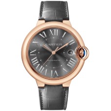 Cópia Cartier Ballon Bleu de Cartier Relógio Masculino com Mostrador Cinza 18K com Pulseira de Couro em Ouro Rosa WGBB0050