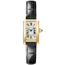 Cópia Cartier Tank Americaine Mini mostrador prateado com pulseira de couro em ouro amarelo relógio feminino WGTA0038