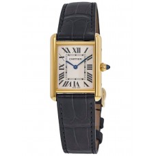 Cópia Cartier Tank Louis grande mostrador prateado com pulseira de couro em ouro amarelo relógio feminino WGTA0067