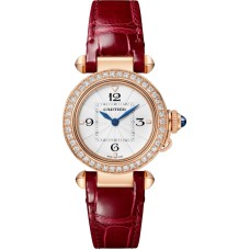 Relógio feminino falso Cartier Pasha De Cartier com mostrador opalino diamante rosa ouro pulseira de couro WJPA0017