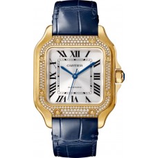 Cópia Cartier Santos De Cartier Médio Mostrador Prateado 18K Ouro Amarelo Diamante Pulseira de Couro Relógio Feminino WJSA0013