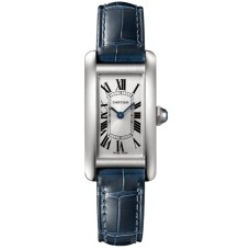 Réplica Cartier Tank Americaine pequeno mostrador prateado pulseira de couro relógio feminino WSTA0043