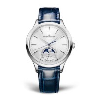 Relógio Jaeger-LeCoultre Master Ultra Thin Moon 36 em aço inoxidável com mostrador prateado, modelo 1248420.