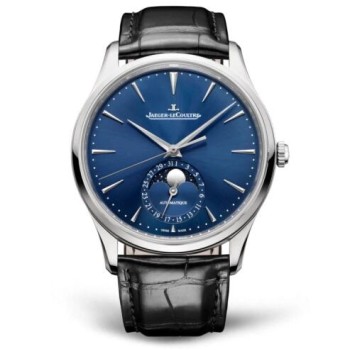 Relógio Jaeger-LeCoultre Master Ultra Thin Moon em aço inoxidável com mostrador azul, modelo 1368480