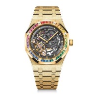 Réplica do Audemars Piguet Royal Oak 41 com dupla roda de equilíbrio vazada, acabamento em ouro amarelo fosco com efeito arco-íris 15412BA.YG.1224BA.01 Réplica do Audemars Piguet Royal Oak 41 com dupla roda de equilíbrio vazada, acabamento em ouro amarelo fosco com efeito arco-íris 15412BA.YG.1224BA.01