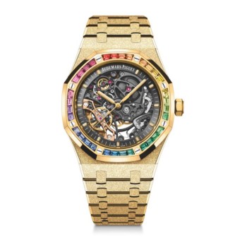 Réplica do Audemars Piguet Royal Oak 41 com dupla roda de equilíbrio vazada, acabamento em ouro amarelo fosco com efeito arco-íris 15412BA.YG.1224BA.01 Réplica do Audemars Piguet Royal Oak 41 com dupla roda de equilíbrio vazada, acabamento em ouro amarelo fosco com efeito arco-íris 15412BA.YG.1224BA.01
